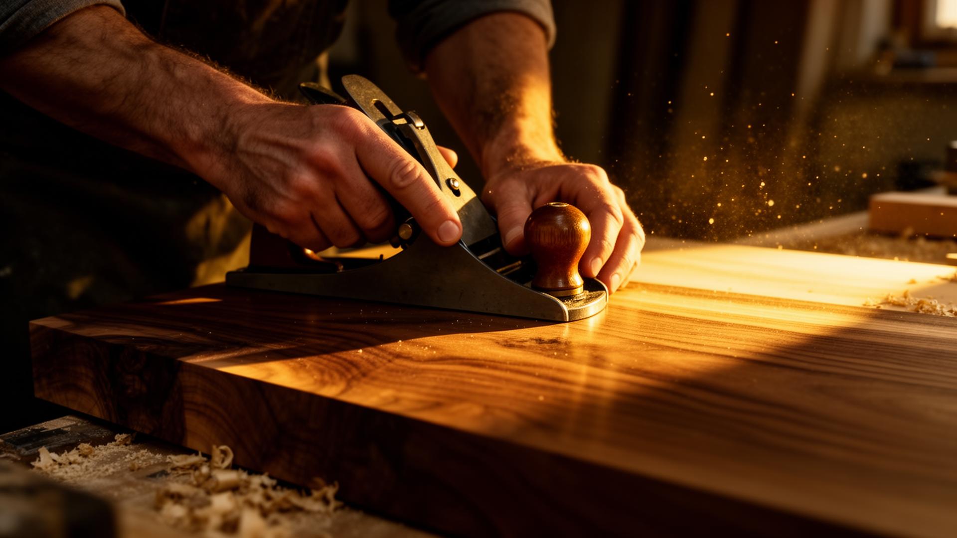 Carpenter hand-planing rich timber in warm workshop light