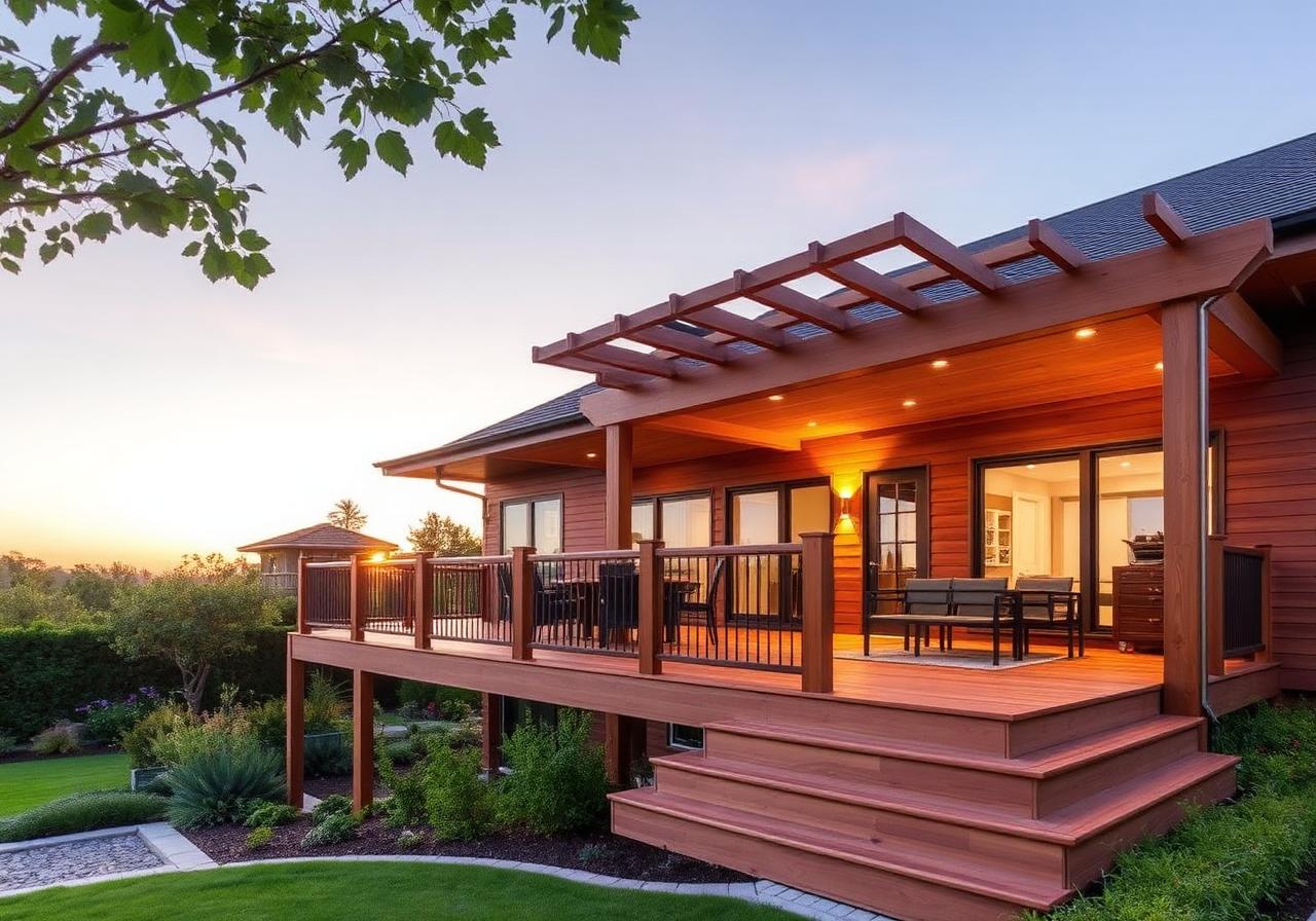 Custom timber deck and pergola at sunset